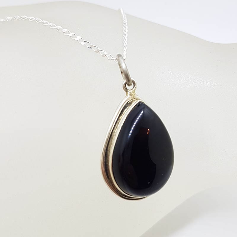 Sterling Silver Black Onyx Teardrop / Pear Shape Pendant on Silver Chain