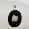 Sterling Silver Black Banded Agate Large Oval Pendant on Silver Chain
