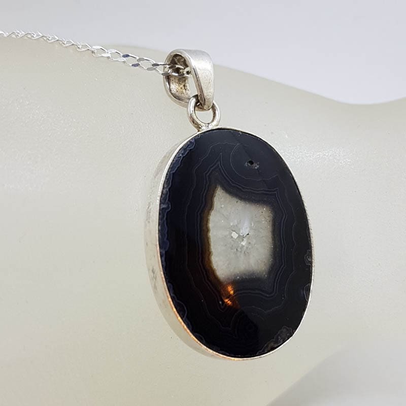Sterling Silver Black Banded Agate Large Oval Pendant on Silver Chain Sterling Silver Black Banded Agate Large Oval Pendant on Silver Chain