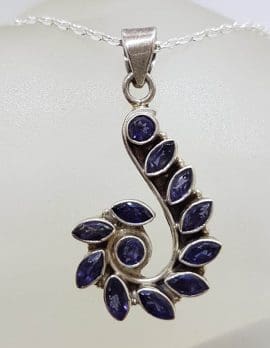 Sterling Silver Iolite Cluster Long Swirl Design Pendant on Silver Chain