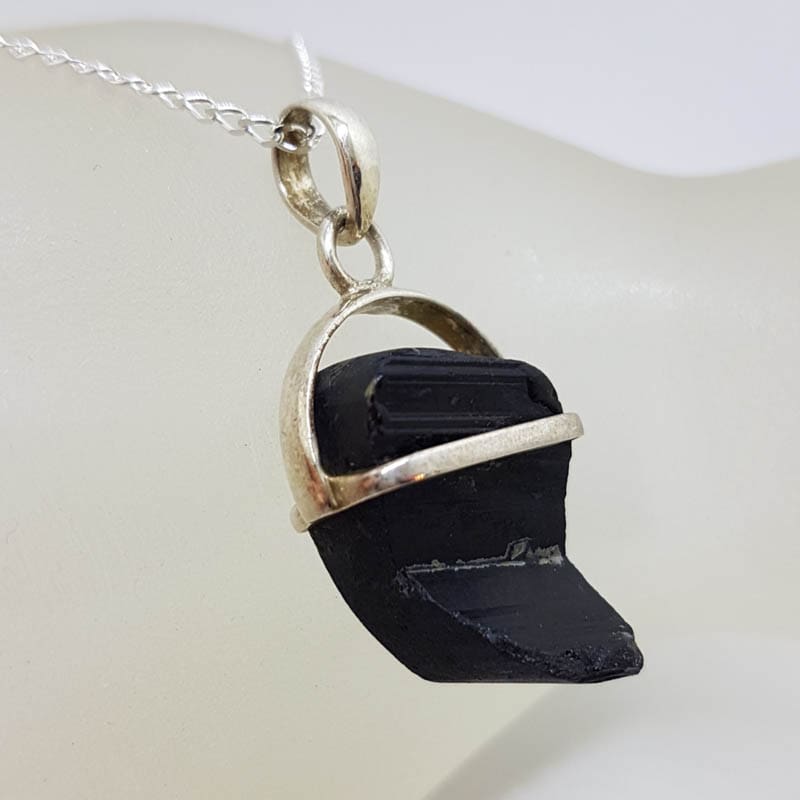 Sterling Silver Black Tourmaline Freeform Shape Pendant on Silver Chain