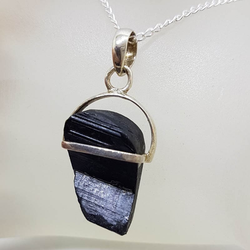 Sterling Silver Black Tourmaline Freeform Shape Pendant on Silver Chain