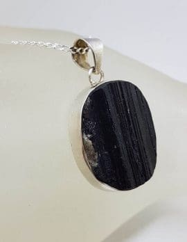 Sterling Silver Black Tourmaline Round Pendant on Silver Chain