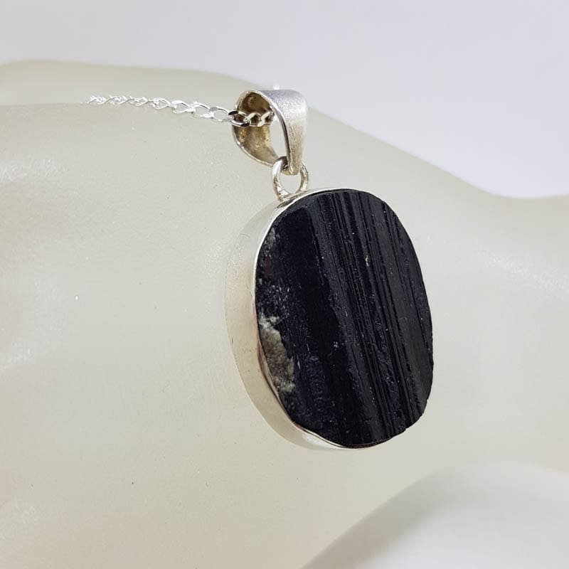 Sterling Silver Black Tourmaline Round Pendant on Silver Chain Sterling Silver Black Tourmaline Round Pendant on Silver Chain