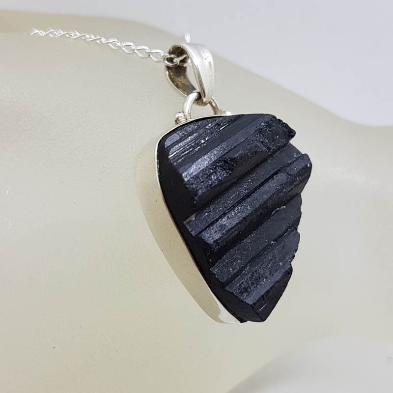 Sterling Silver Black Tourmaline Triangular Shape Pendant on Silver Chain