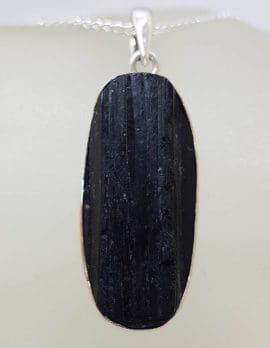 Sterling Silver Black Tourmaline Oval Pendant on Silver Chain