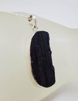 Sterling Silver Black Tourmaline Oval Pendant on Silver Chain