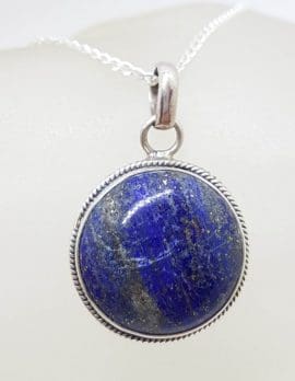 Sterling Silver Lapis Lazuli Round with Patterned Rim Pendant on Silver Chain