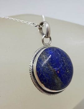 Sterling Silver Lapis Lazuli Round with Patterned Rim Pendant on Silver Chain
