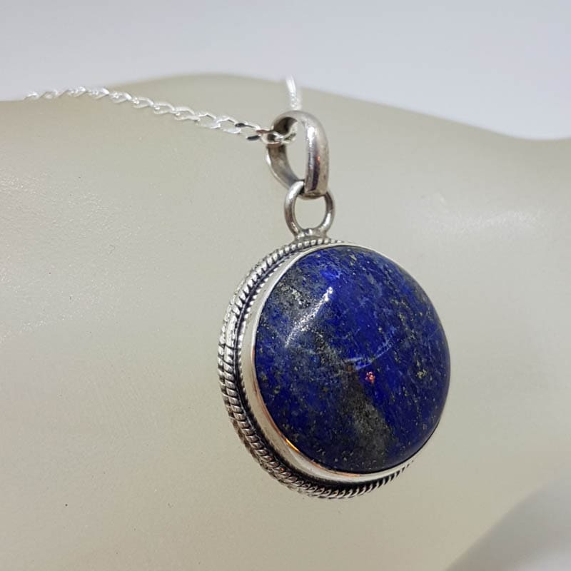 20210918_221548 Sterling Silver Lapis Lazuli Round with Patterned Rim Pendant on Silver Chain