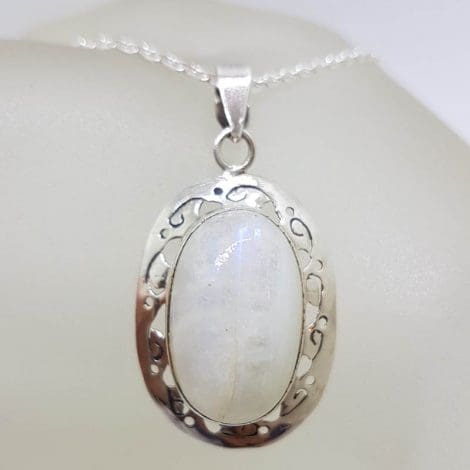 Sterling Silver Moonstone Oval Ornate Design Pendant on Silver Chain