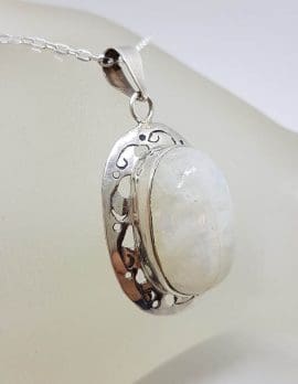 Sterling Silver Moonstone Oval Ornate Design Pendant on Silver Chain