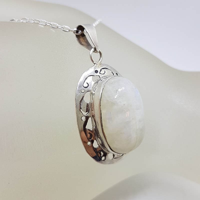 Sterling Silver Moonstone Oval Ornate Design Pendant on Silver Chain