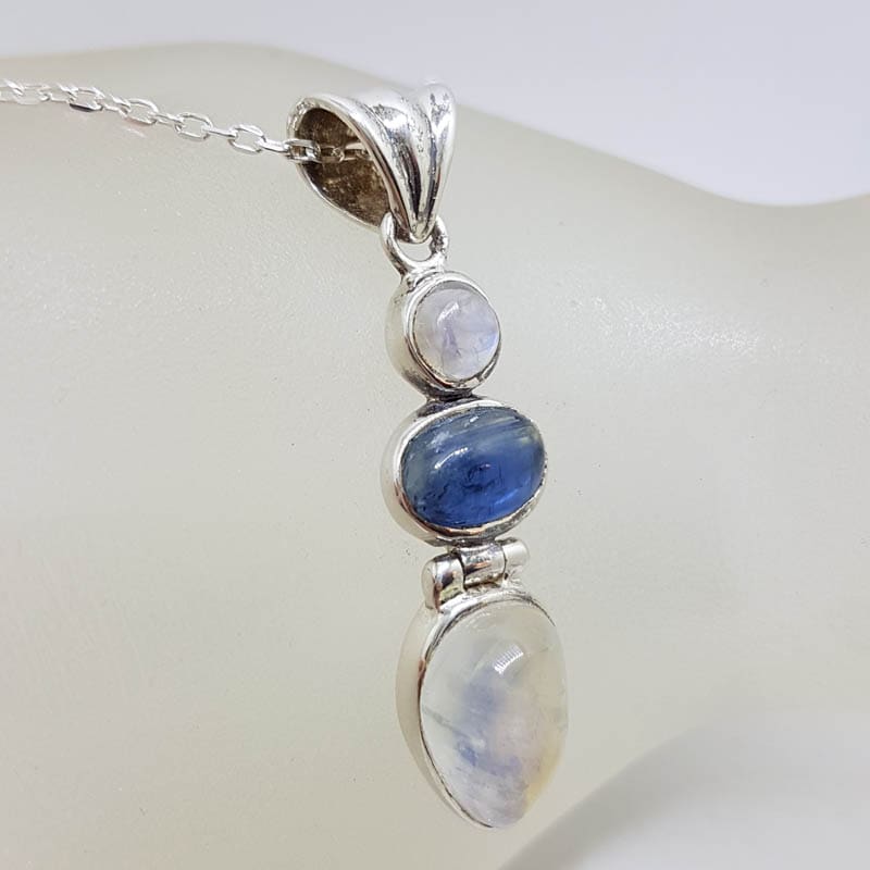 Sterling Silver Moonstone & Tanzanite Long Drop Pendant on Silver Chain
