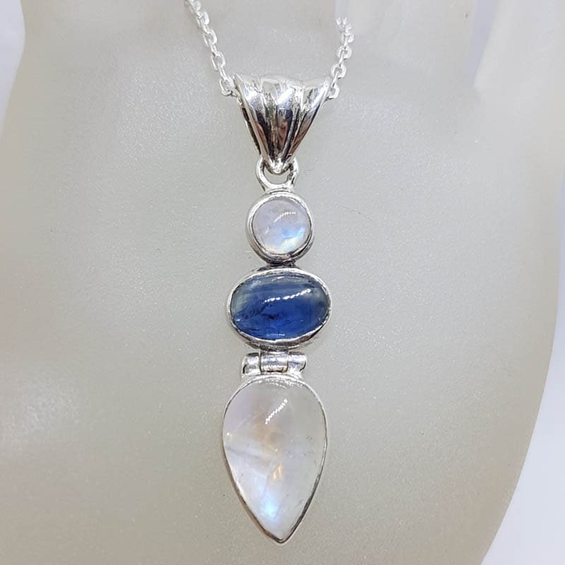 Sterling Silver Moonstone & Tanzanite Long Drop Pendant on Silver Chain