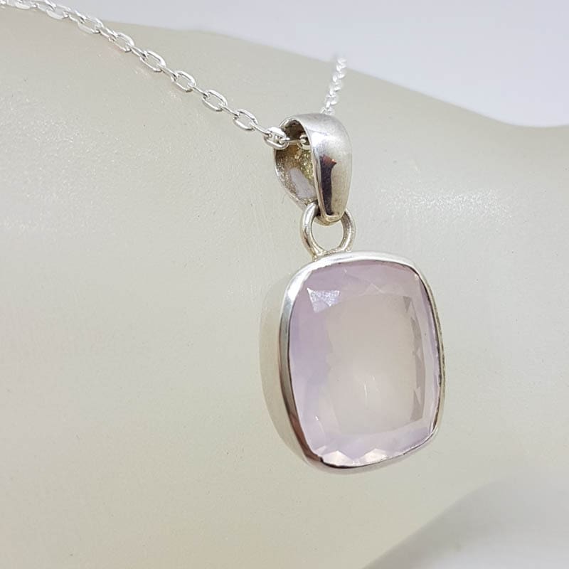 Sterling Silver Rose Quartz Faceted Bezel Set Rectangular Pendant on Silver Chain Sterling Silver Rose Quartz Faceted Bezel Set Rectangular Pendant on Silver Chain