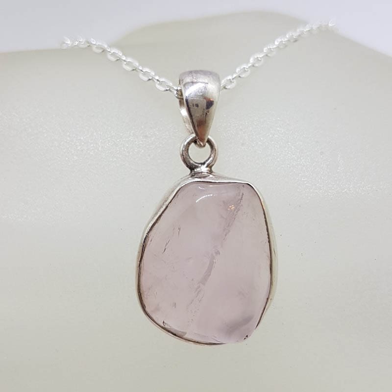 Sterling Silver Rose Quartz Bezel Set Unusual Freeform Shape Pendant on Silver Chain