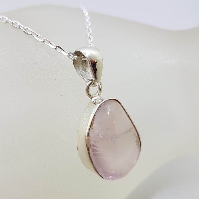 Sterling Silver Rose Quartz Bezel Set Unusual Freeform Shape Pendant on Silver Chain