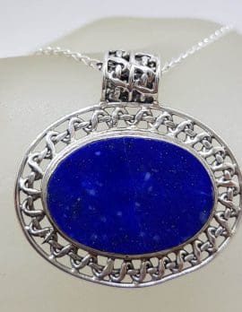 Sterling Silver Lapis Lazuli Large Oval with Ornate Rim Pendant on Silver Chain