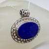 Sterling Silver Lapis Lazuli Large Oval with Ornate Rim Pendant on Silver Chain