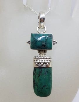Sterling Silver Natural Turquoise Long Ornate Design Pendant on Silver Chain