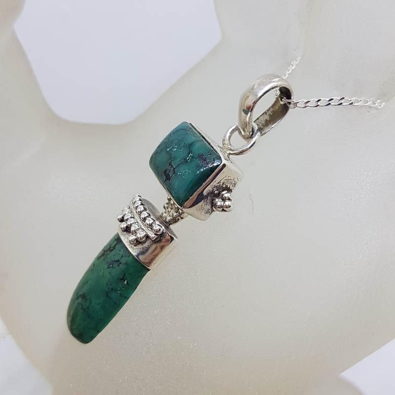 Sterling Silver Natural Turquoise Long Ornate Design Pendant on Silver Chain