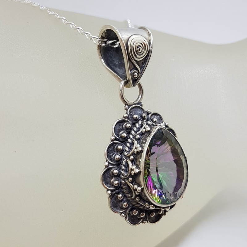Sterling Silver Mystic Quartz / Mystic Topaz Ornate Teardrop / Pear Shape Pendant on Silver Chain