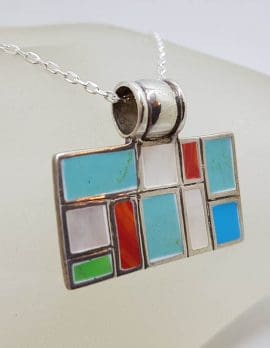 Sterling Silver Multi-Colour Rectangular Enamel Mosaic Design Pendant on Silver Chain
