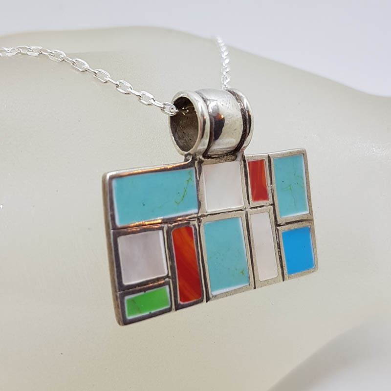 Sterling Silver Multi-Colour Rectangular Enamel Mosaic Design Pendant on Silver Chain