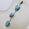 Sterling Silver Natural Turquoise Long Three Stone Drop Pendant on Silver Chain