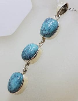 Sterling Silver Natural Turquoise Long Three Stone Drop Pendant on Silver Chain