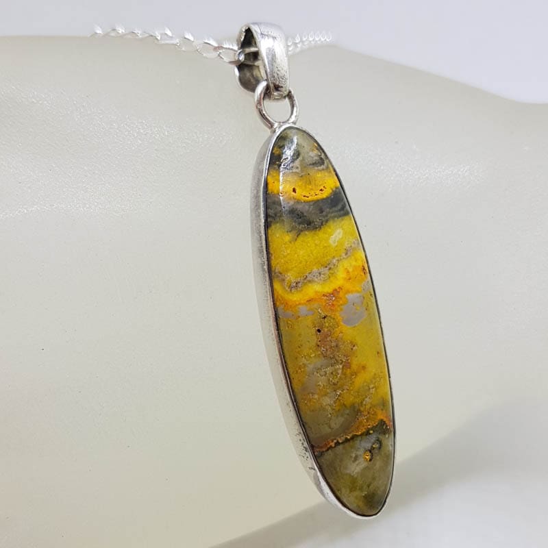 Sterling Silver Bumble Bee Jasper / Quartz Elongated Oval Bezel Set Pendant on Silver Chain