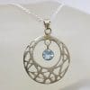 Sterling Silver Topaz Drop in Ornate Open Patterned Circle Pendant on Silver Chain