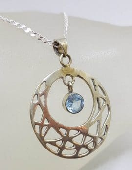 Sterling Silver Topaz Drop in Ornate Open Patterned Circle Pendant on Silver Chain