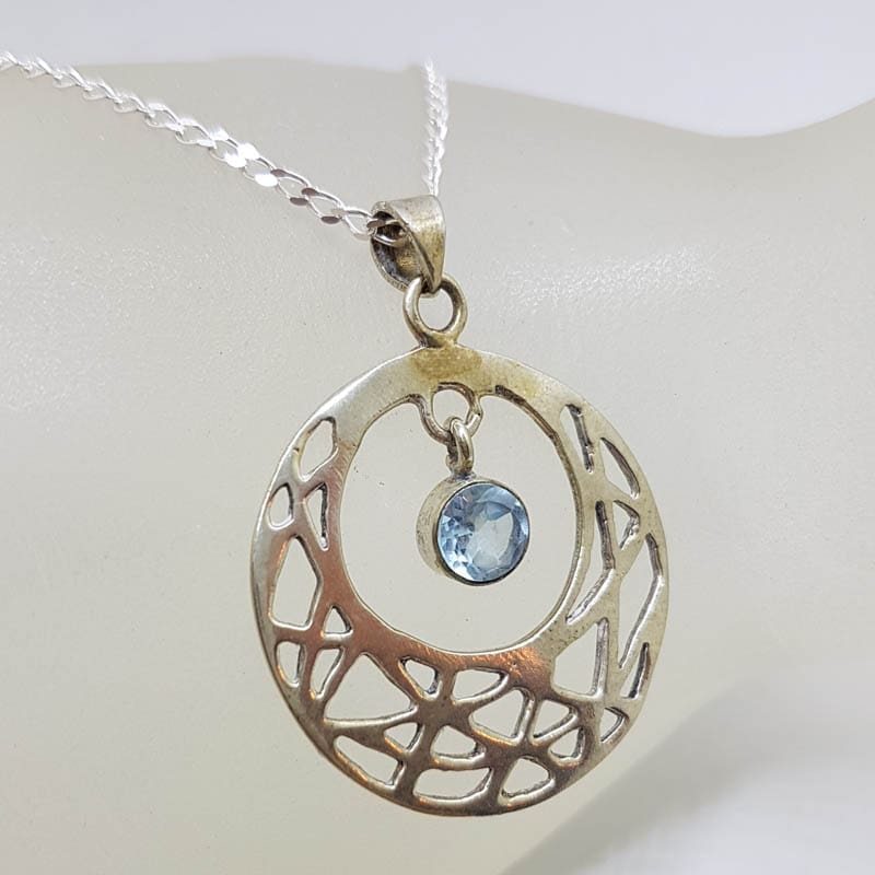 Sterling Silver Topaz Drop in Ornate Open Patterned Circle Pendant on Silver Chain