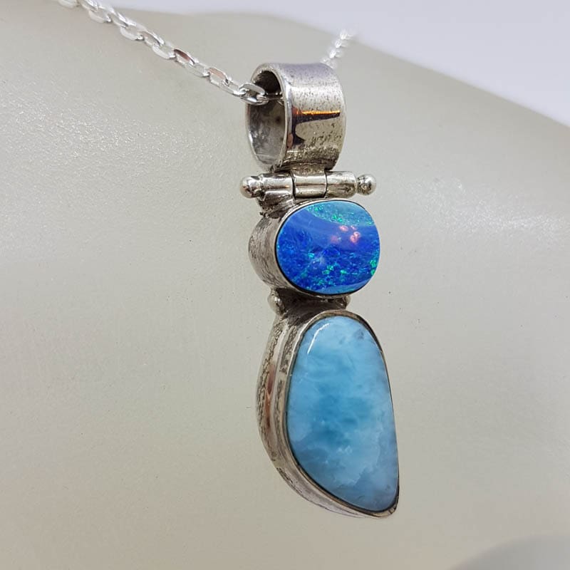 Sterling Silver Opal and Larimar Bezel Set Pendant on Silver Chain Sterling Silver Opal and Larimar Bezel Set Pendant on Silver Chain