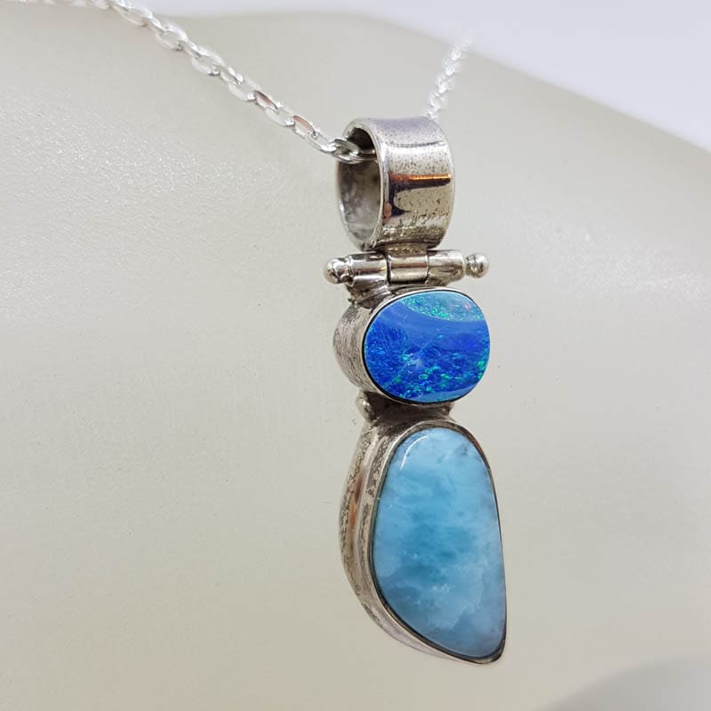 Sterling Silver Opal and Larimar Bezel Set Pendant on Silver Chain Sterling Silver Opal and Larimar Bezel Set Pendant on Silver Chain