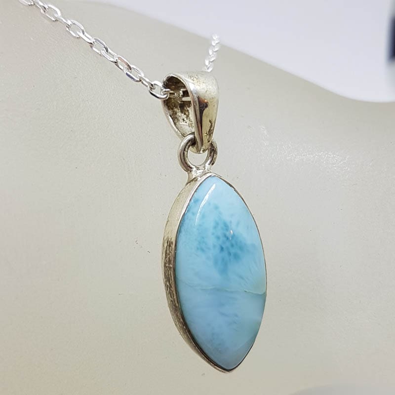 Sterling Silver Larimar Bezel Set Marquis Shape Pendant on Silver Chain Sterling Silver Larimar Bezel Set Marquis Shape Pendant on Silver Chain
