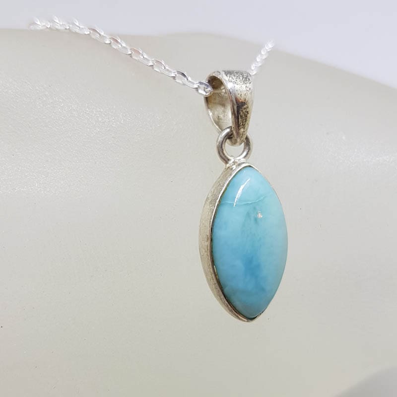 Sterling Silver Larimar Bezel Set Marquis Shape Pendant on Silver Chain Sterling Silver Larimar Bezel Set Marquis Shape Pendant on Silver Chain