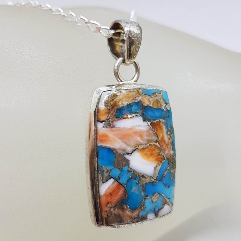 Sterling Silver Rectangular Spiny Oyster Turquoise Pendant on Silver Chain