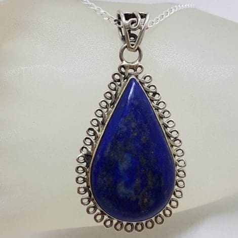 Sterling Silver Lapis Lazuli Large Rounded Teardrop / Pear Shape with Ornate Rim Pendant on Silver Chain