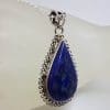 Sterling Silver Lapis Lazuli Large Rounded Teardrop / Pear Shape with Ornate Rim Pendant on Silver Chain