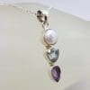 Sterling Silver Topaz, Amethyst and Pearl Long Line Pendant on Silver Chain