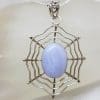 Sterling Silver Large Oval Blue Crazy Lace Agate in Spiderweb Pendant on Silver Chain
