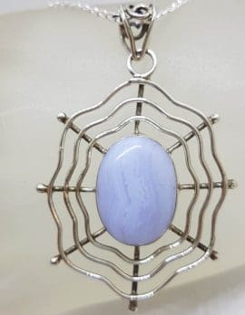 Sterling Silver Large Oval Blue Crazy Lace Agate in Spiderweb Pendant on Silver Chain