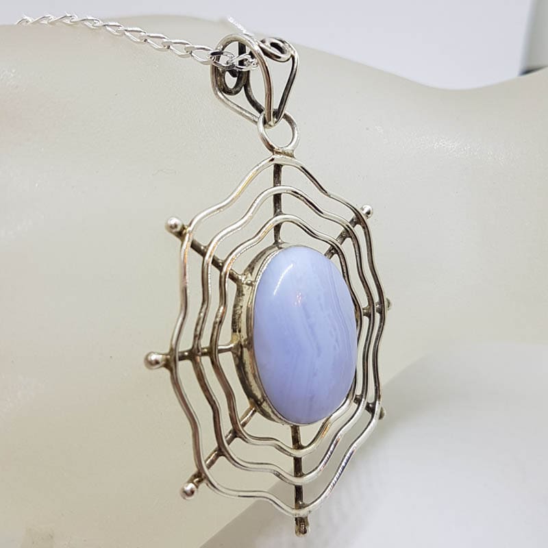 Sterling Silver Large Oval Blue Crazy Lace Agate in Spiderweb Pendant on Silver Chain