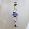 Sterling Silver Long Curved Cabochon Cut Moonstone and Tanzanite Pendant on Silver Chain