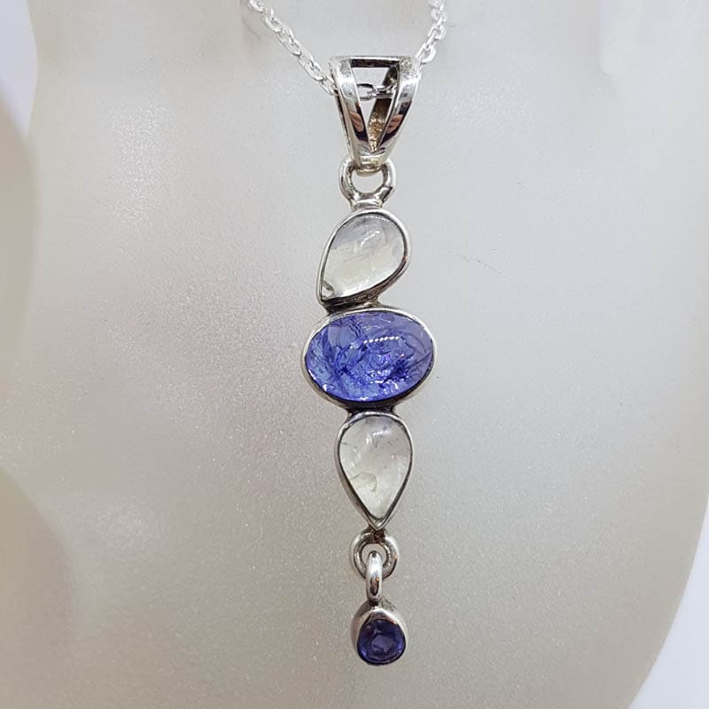 Sterling Silver Long Curved Cabochon Cut Moonstone and Tanzanite Pendant on Silver Chain