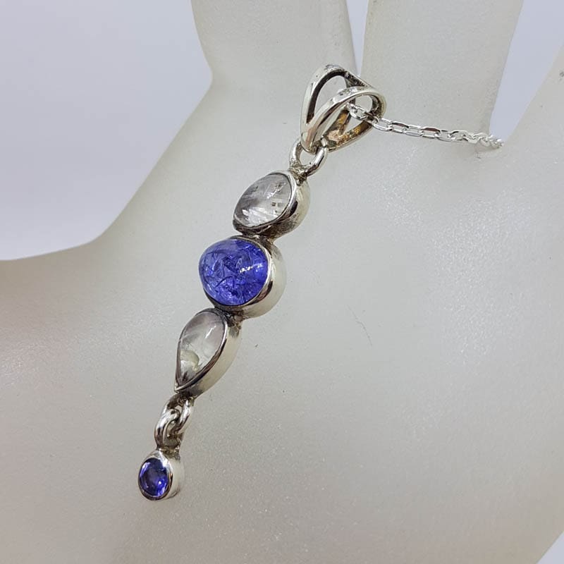 Sterling Silver Long Curved Cabochon Cut Moonstone and Tanzanite Pendant on Silver Chain