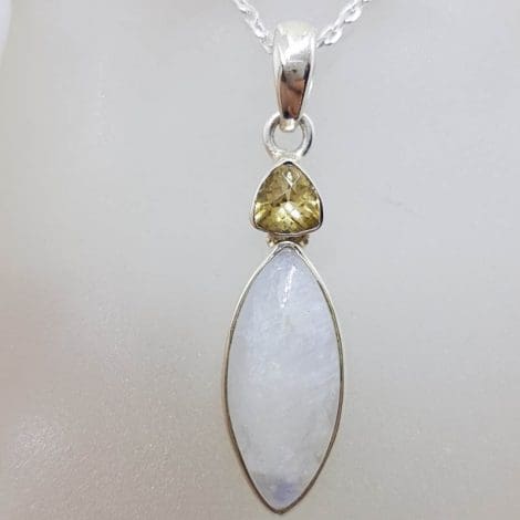 Sterling Silver Bezel Set Marquis Cabochon Cut Moonstone with Citrine Pendant on Silver Chain